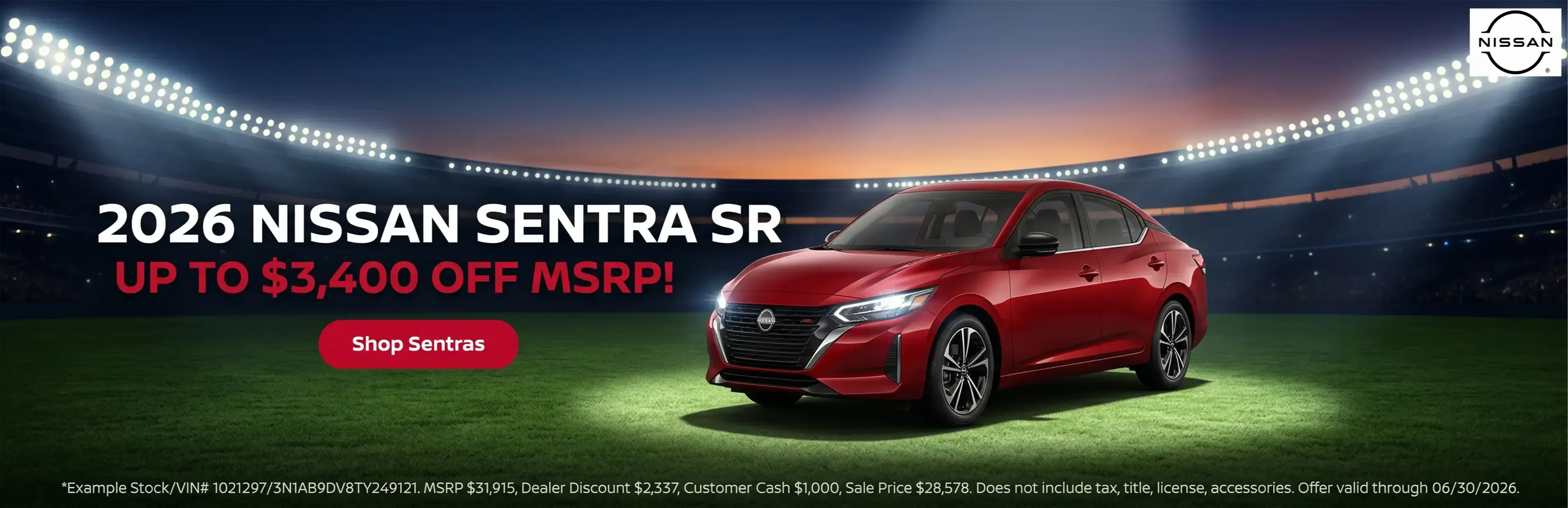 2026 Nissan Sentra SR up to 3,400 dollars off manufacturer suggested retail price